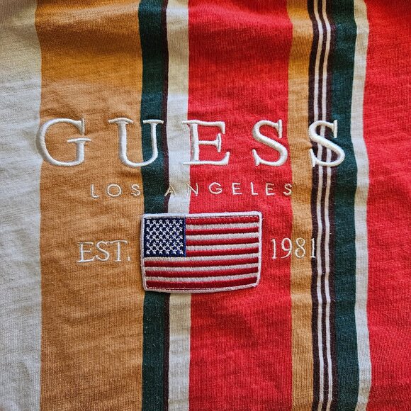 Vintage Guess Jeans Los Angeles USA Flag Striped T-Shirt Red Green Tan Size M - Picture 3 of 5